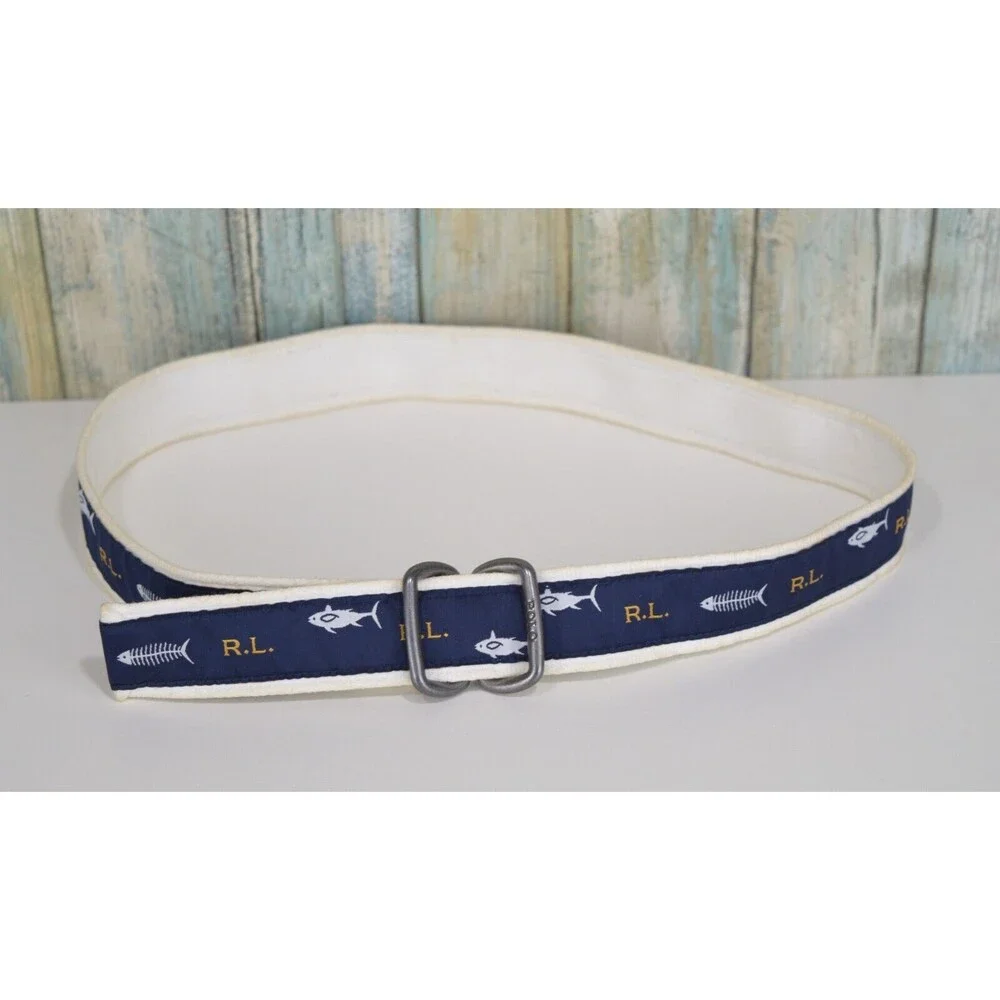 Ralph Lauren Polo Youth Belt Sharks Fish Bones Ribbon Double D Ring 33